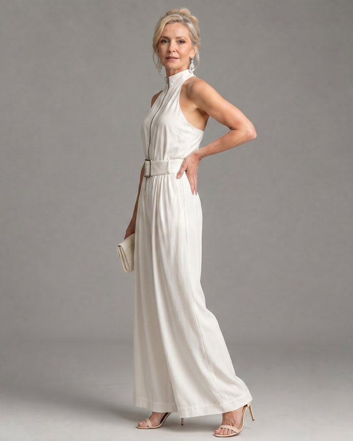 Astrielle | Belted High Neck Wide Leg Sleeveless Jumpsuit