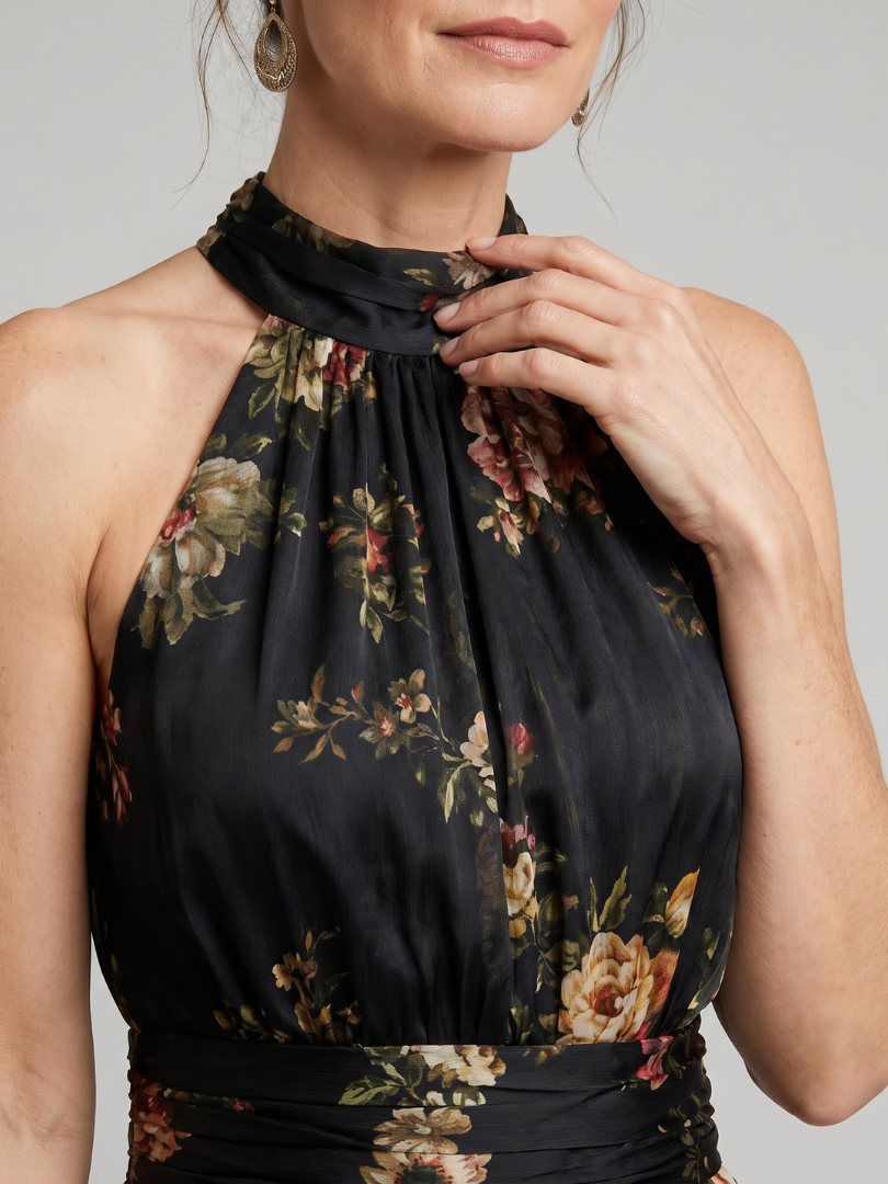Sienne | Robe Midi Fleurie à Col Licou