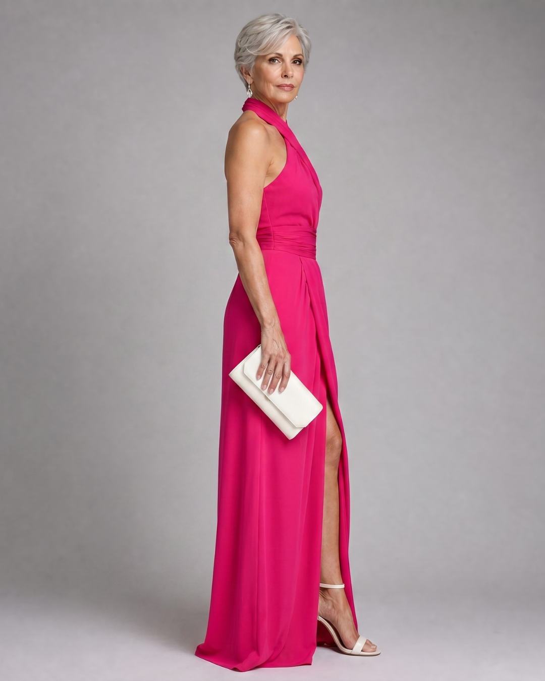 Vaelora | Cross Halter Draped Side Slit Midi Dress