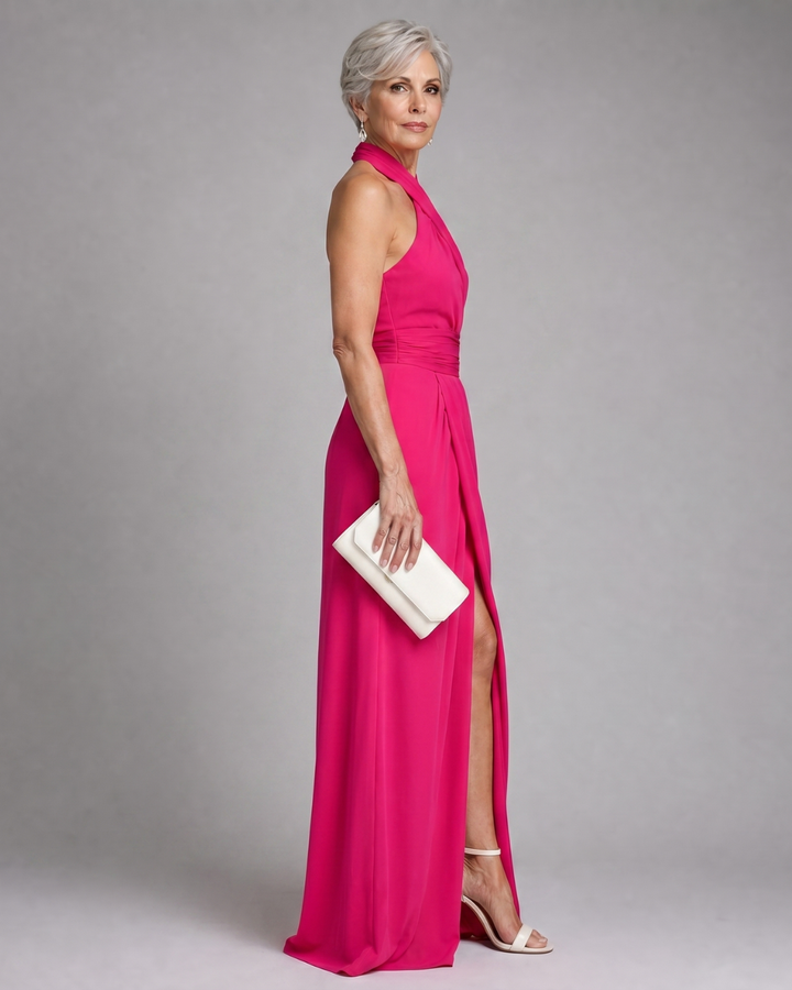 Vaelora | Cross Halter Draped Side Slit Midi Dress