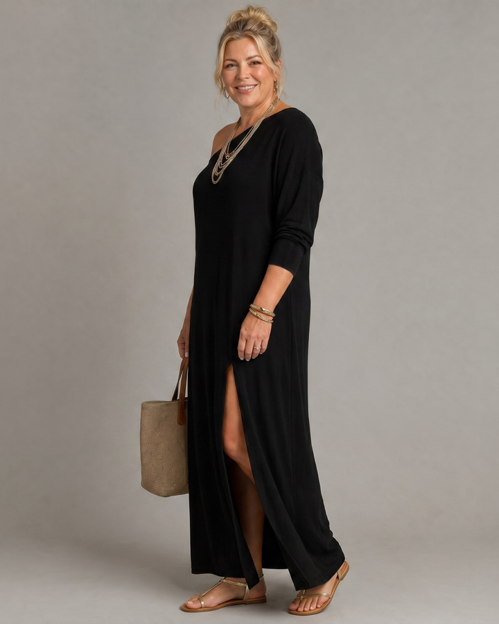 Asterelle | One Shoulder Side Slit Flowing Midi Dress