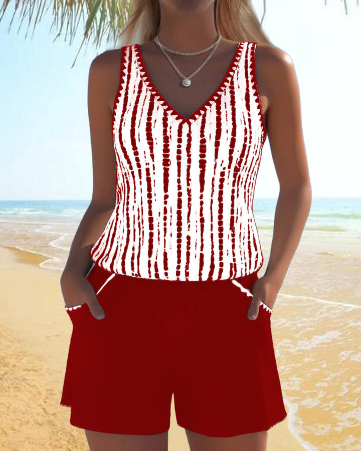 Mia | Casual Two Piece Printed V-Neck Swimsuit with Pockets