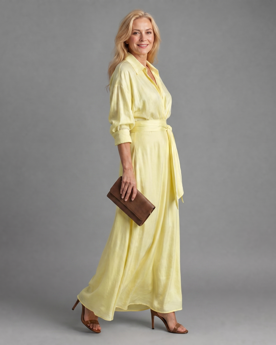 Zelith | Belted Collared Flowing Long Sleeve Midi Dress