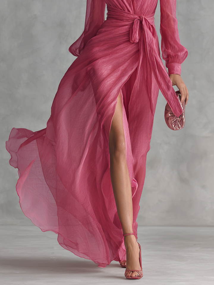 Elegant long pink chiffon dress with pearls and V-neck for women