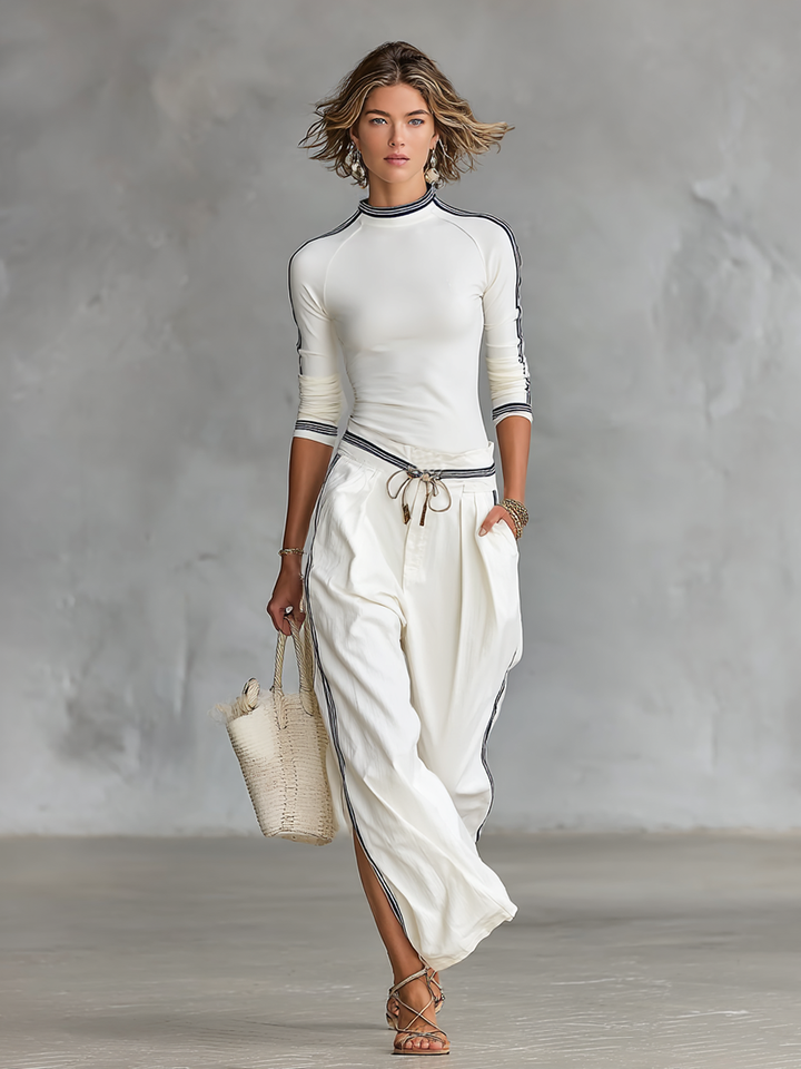 Women's Two-Piece Set: Long Sleeve Sporty T-Shirt with High Neck and Loose Pants with Drawstring