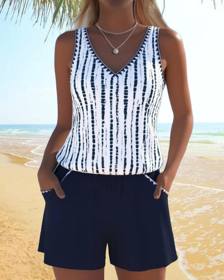 Mia | Casual Two Piece Printed V-Neck Swimsuit with Pockets