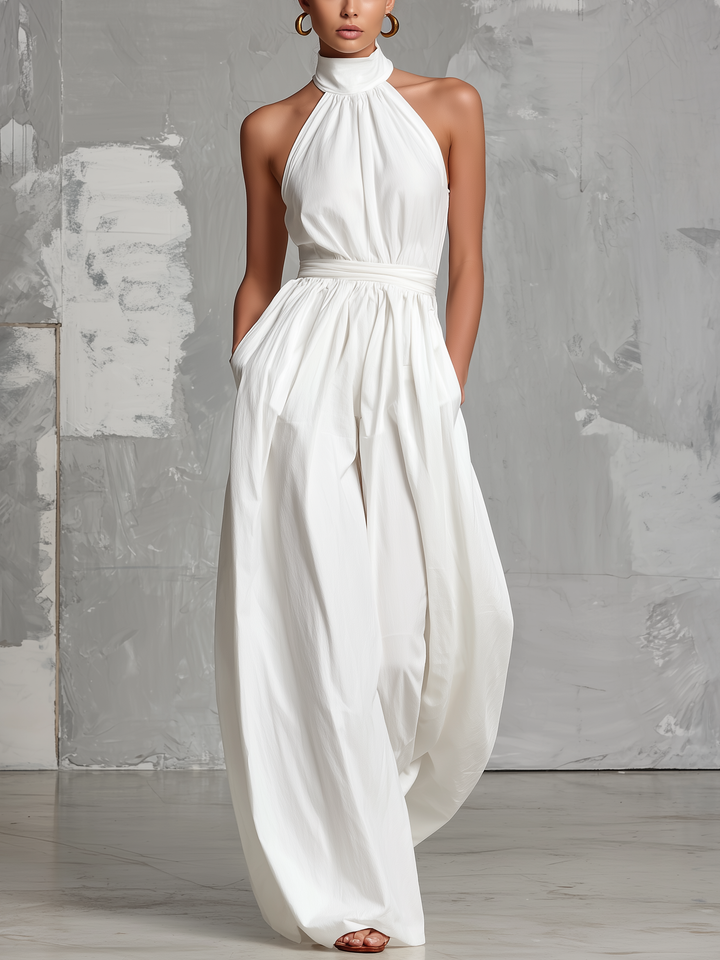 Zoltán | Elegant white woven sleeveless halter-neck jumpsuit • S1