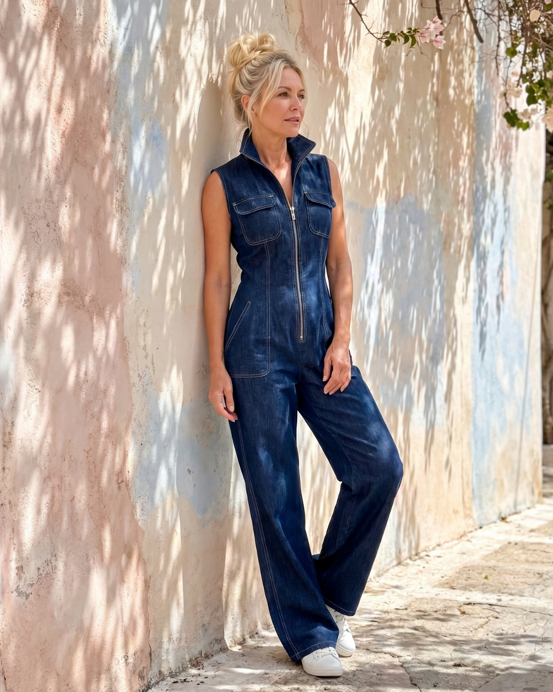 Samantha | Zip Front Sleeveless Denim Wide Leg Jumpsuit