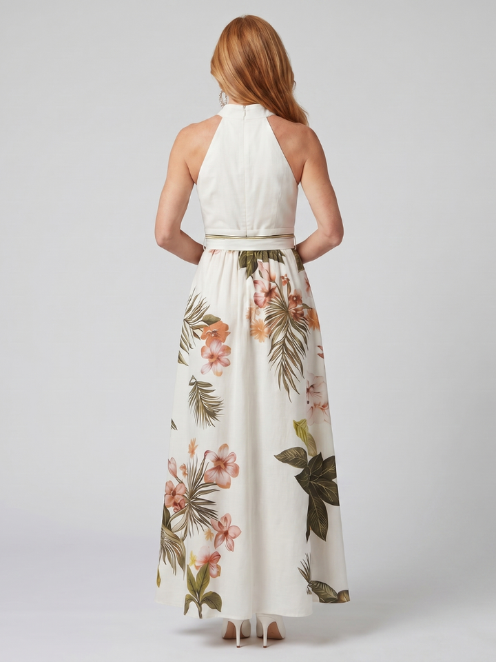 Meadow | Draped Halter Botanical Panel Maxi Dress