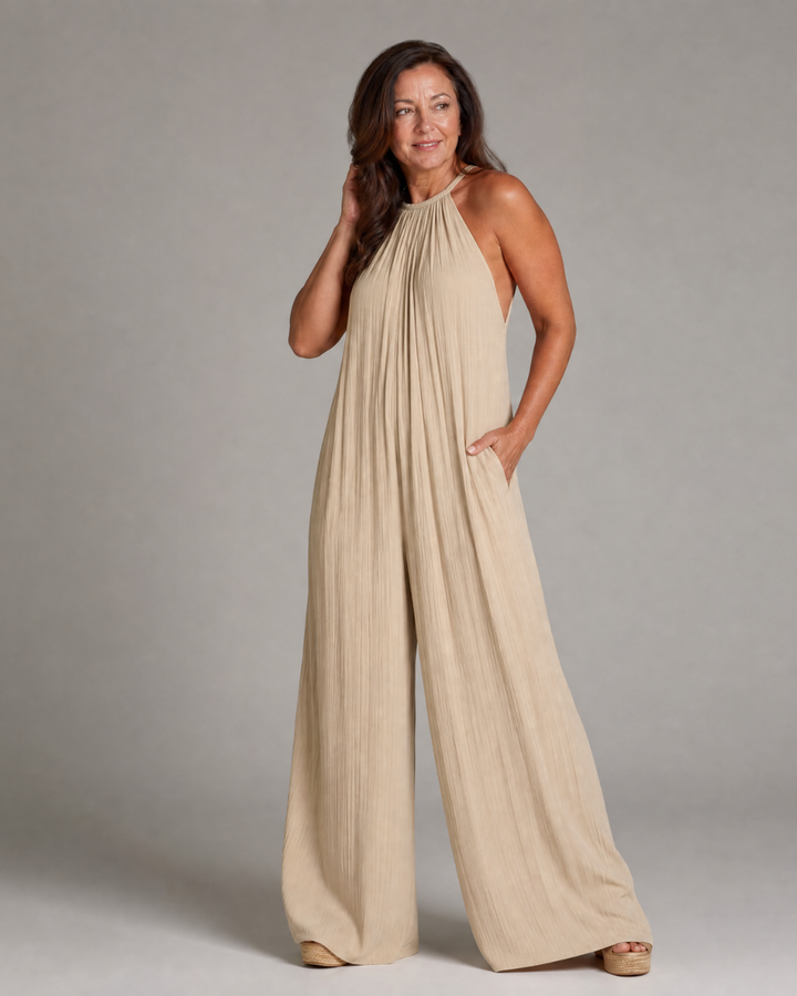 Sylvara | Pleated Halter Neck Wide Leg Relaxed Jumpsuit