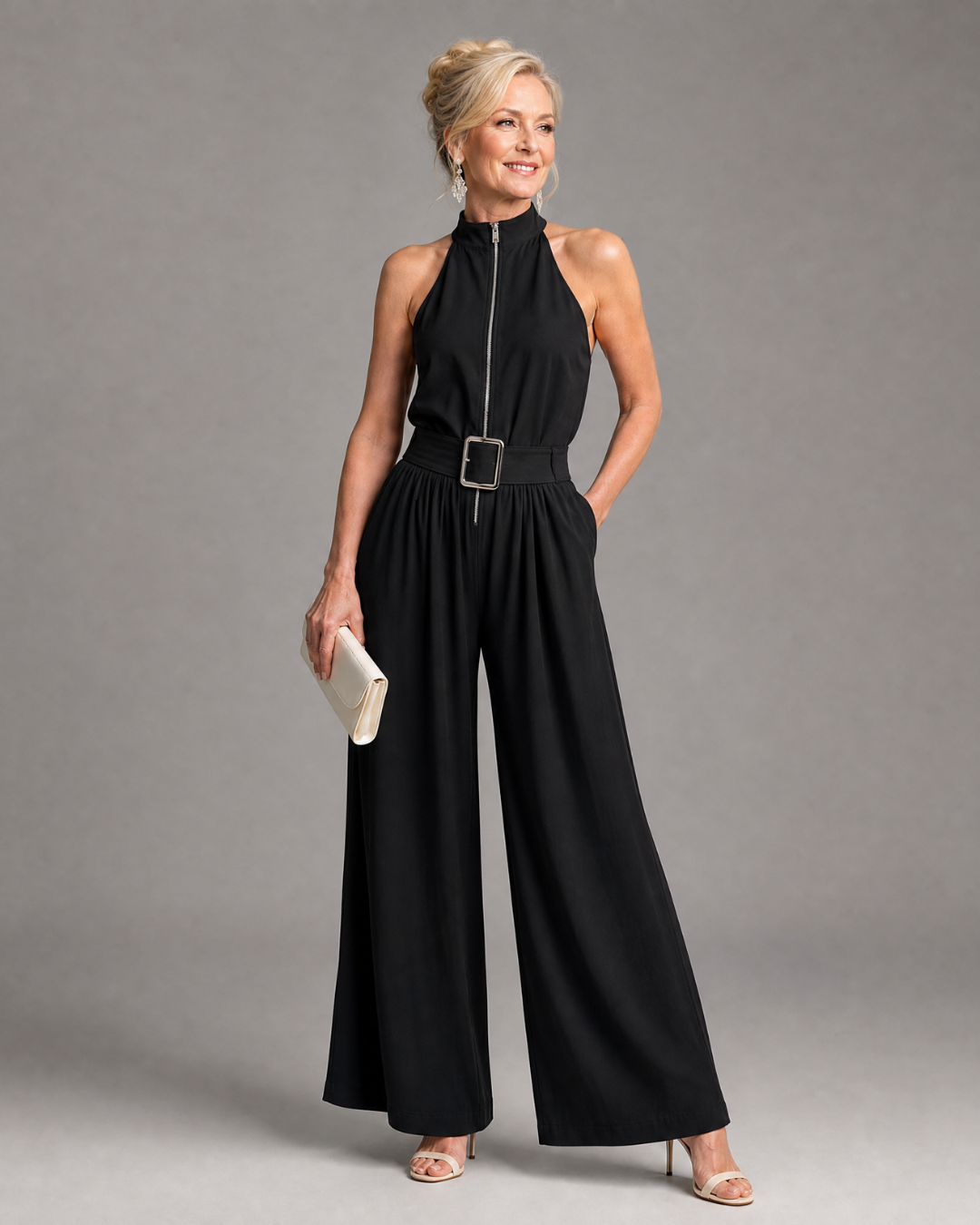 Astrielle | Belted High Neck Wide Leg Sleeveless Jumpsuit
