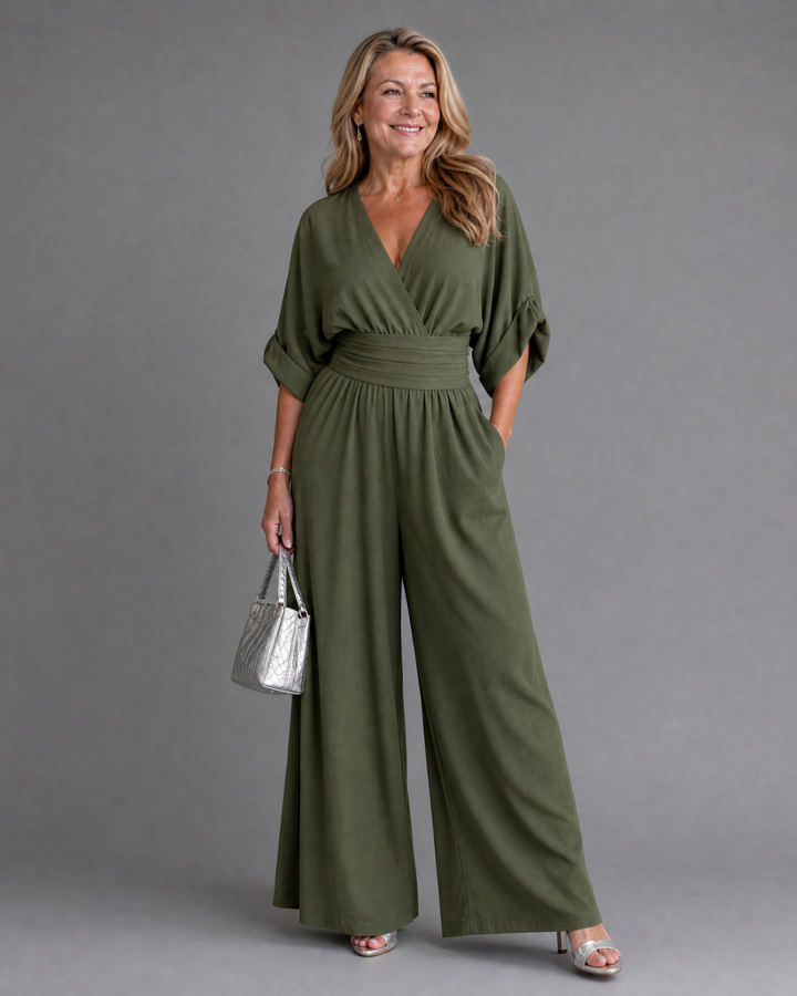 Emene | Draped V Neck Wide Leg Relaxed Jumpsuit