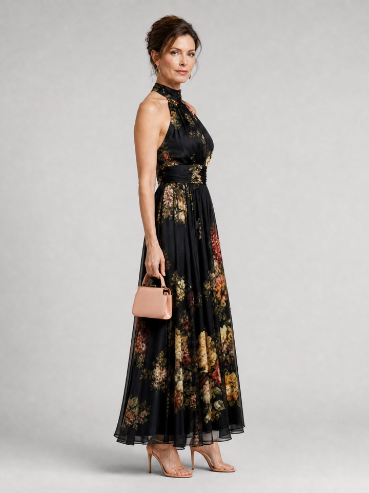 Sienne | Robe Midi Fleurie à Col Licou