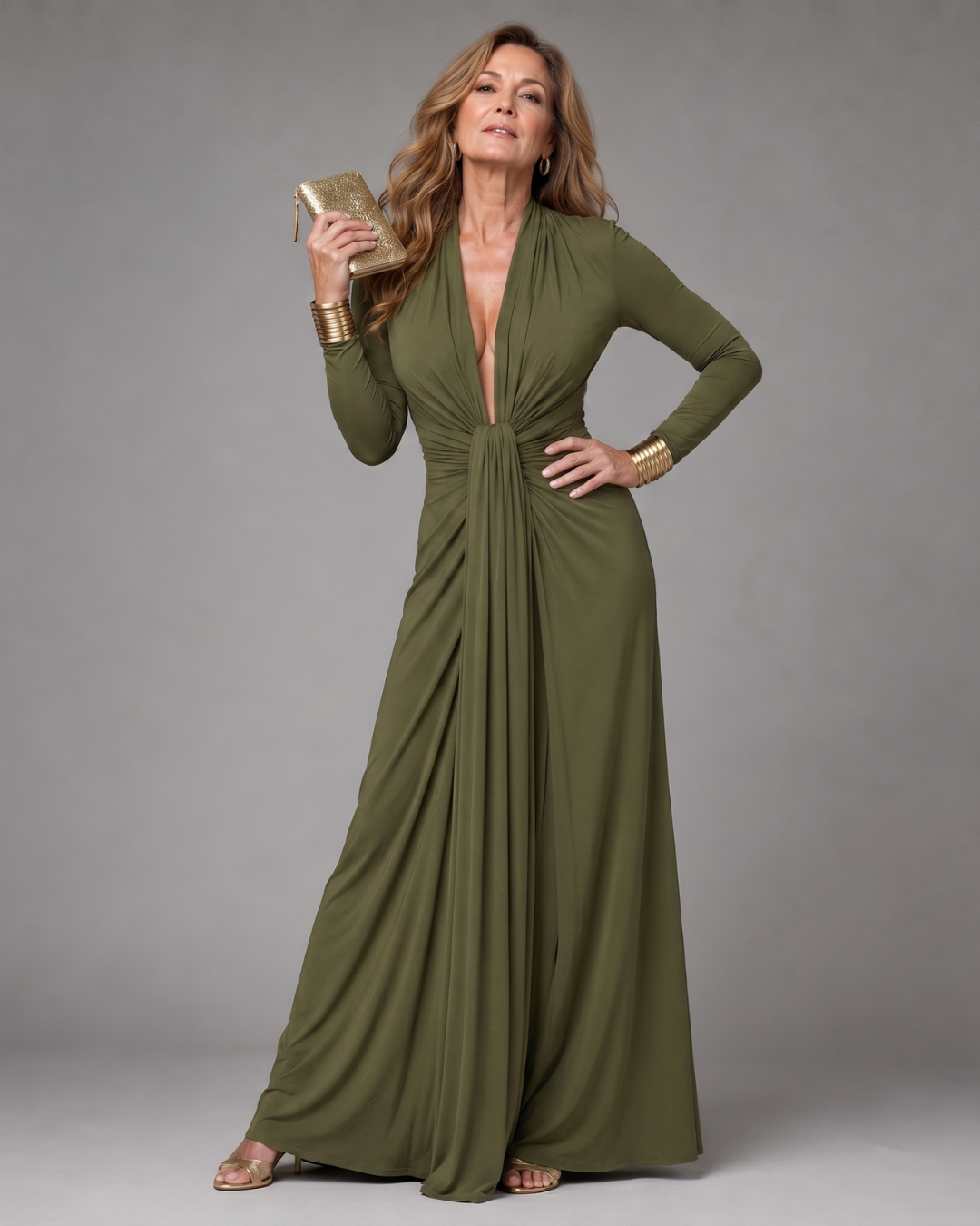 Vimmer | Draped Deep V Neck Long Sleeve Maxi Dress