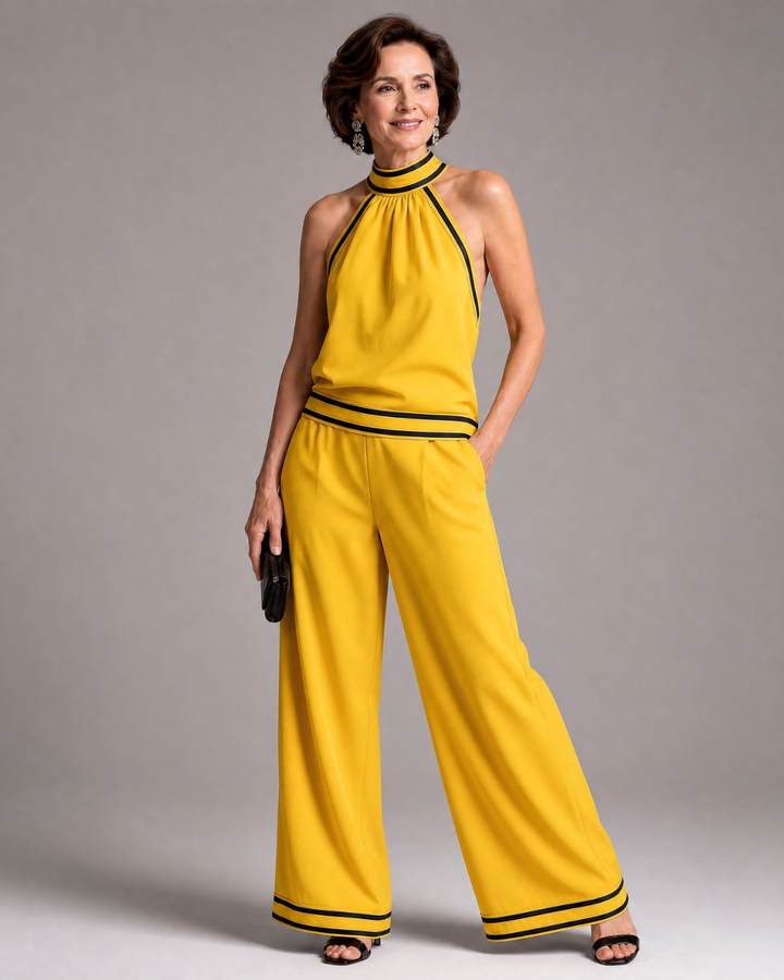 Zephyrine | Contrast Trim Halter Neck Wide Leg Jumpsuit