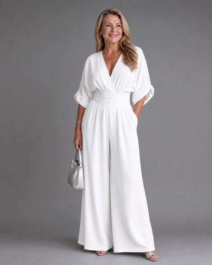 Emene | Draped V Neck Wide Leg Relaxed Jumpsuit