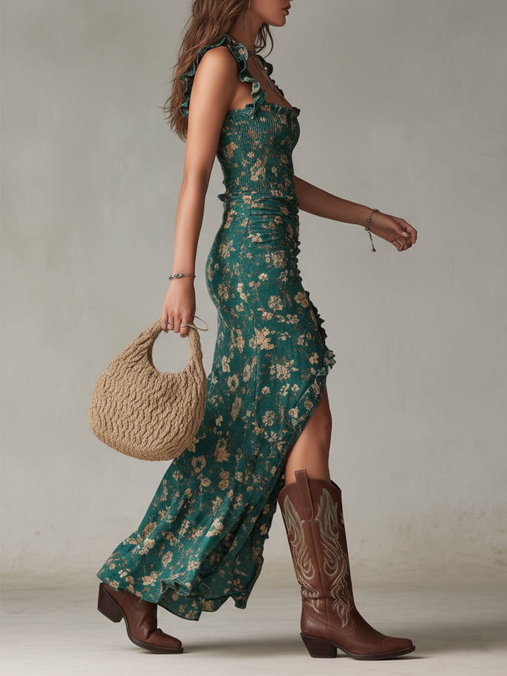Robe longue bohème rétro en tissu fluide avec manches bouffantes et fente élégante