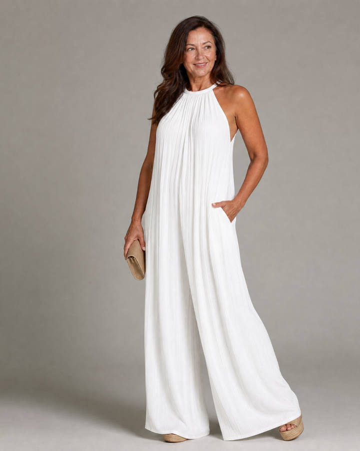 Sylvara | Pleated Halter Neck Wide Leg Relaxed Jumpsuit