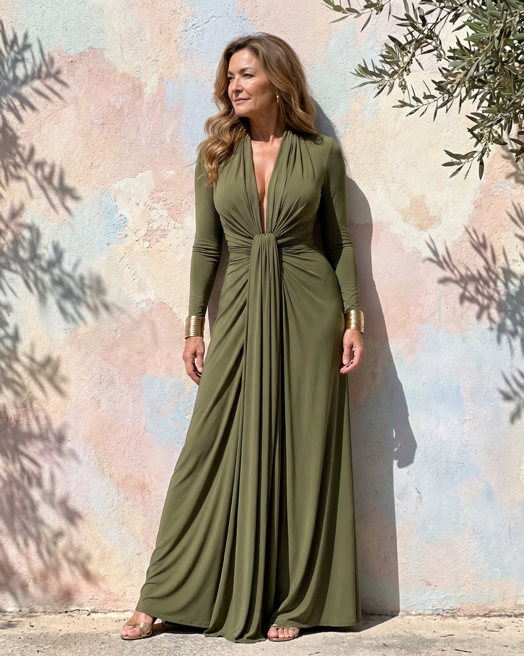 Vimmer | Draped Deep V Neck Long Sleeve Maxi Dress
