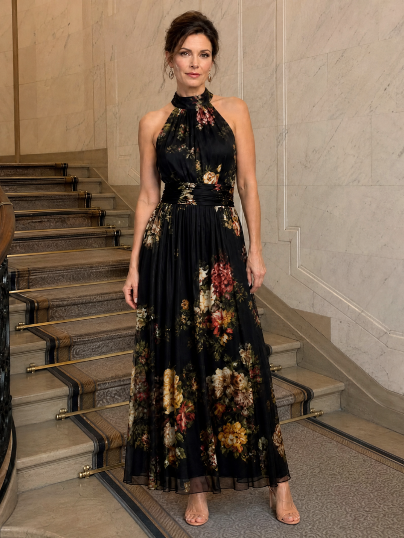 Sienne | Robe Midi Fleurie à Col Licou