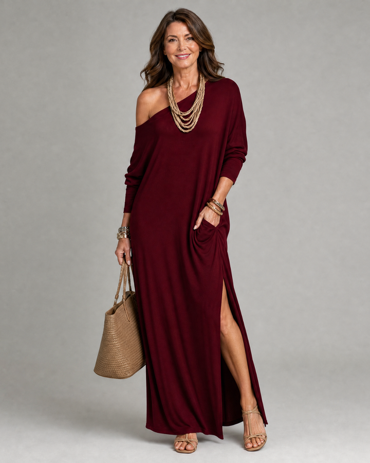 Asterelle | One Shoulder Side Slit Flowing Midi Dress