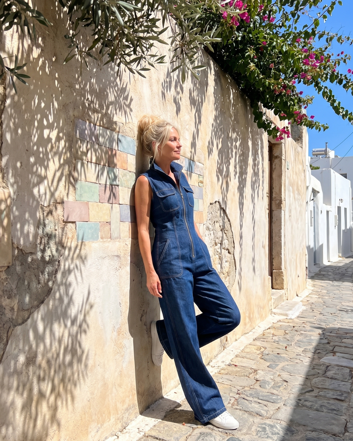 Samantha | Zip Front Sleeveless Denim Wide Leg Jumpsuit