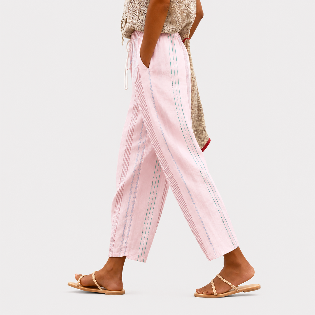 Pantalons Faciles Rayés Rose