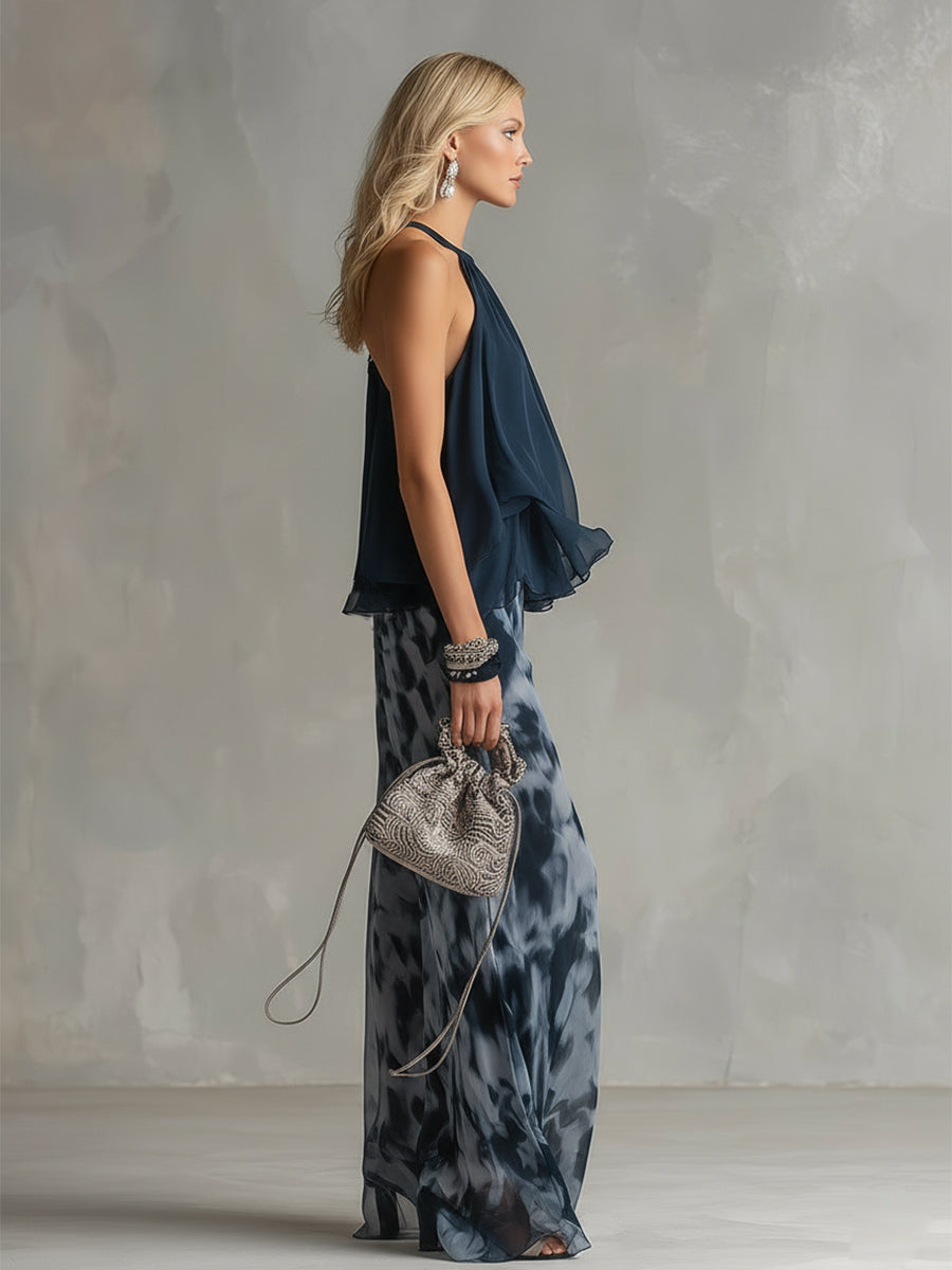 Ludovica – Elegant chiffon set with high-neck top and wide-leg printed trousers • S1