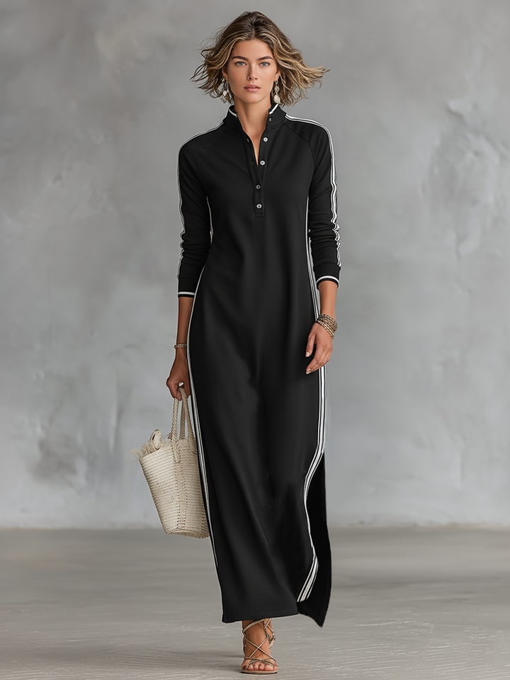 Maxi Sweatshirt Dress for Women with Button-Down Collar and White Trim