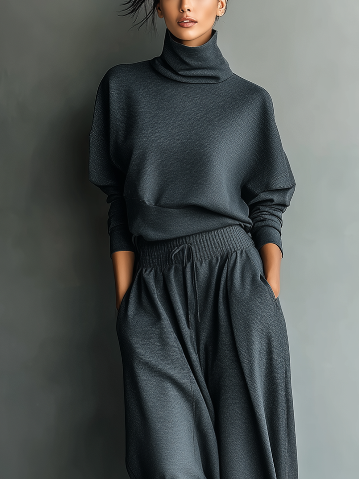 Women's Charcoal Knit Set with High Neck and Wide Leg Pants