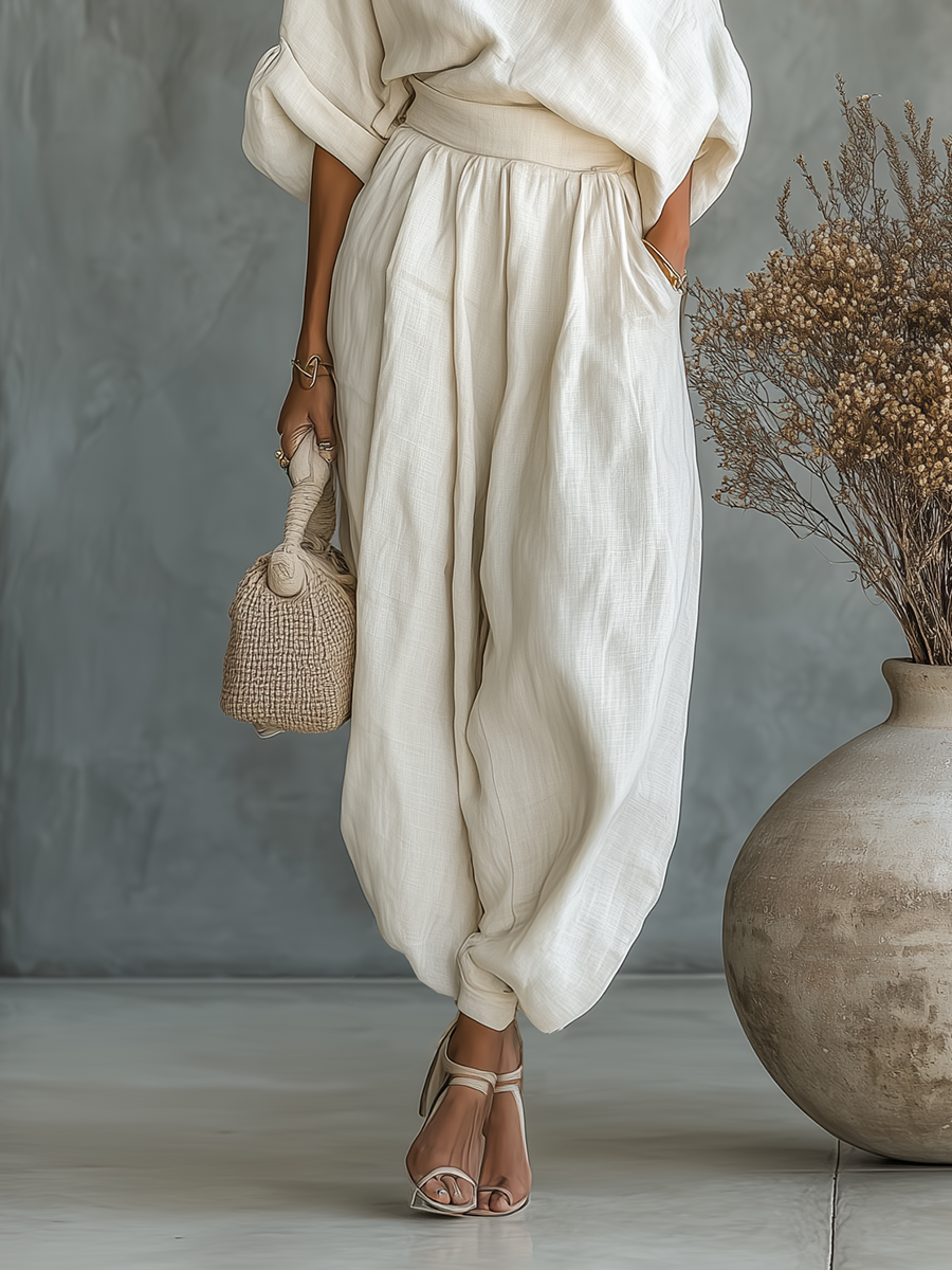Women's Off-White Linen Set with Off-Shoulder Top and Tapered Pants • S1