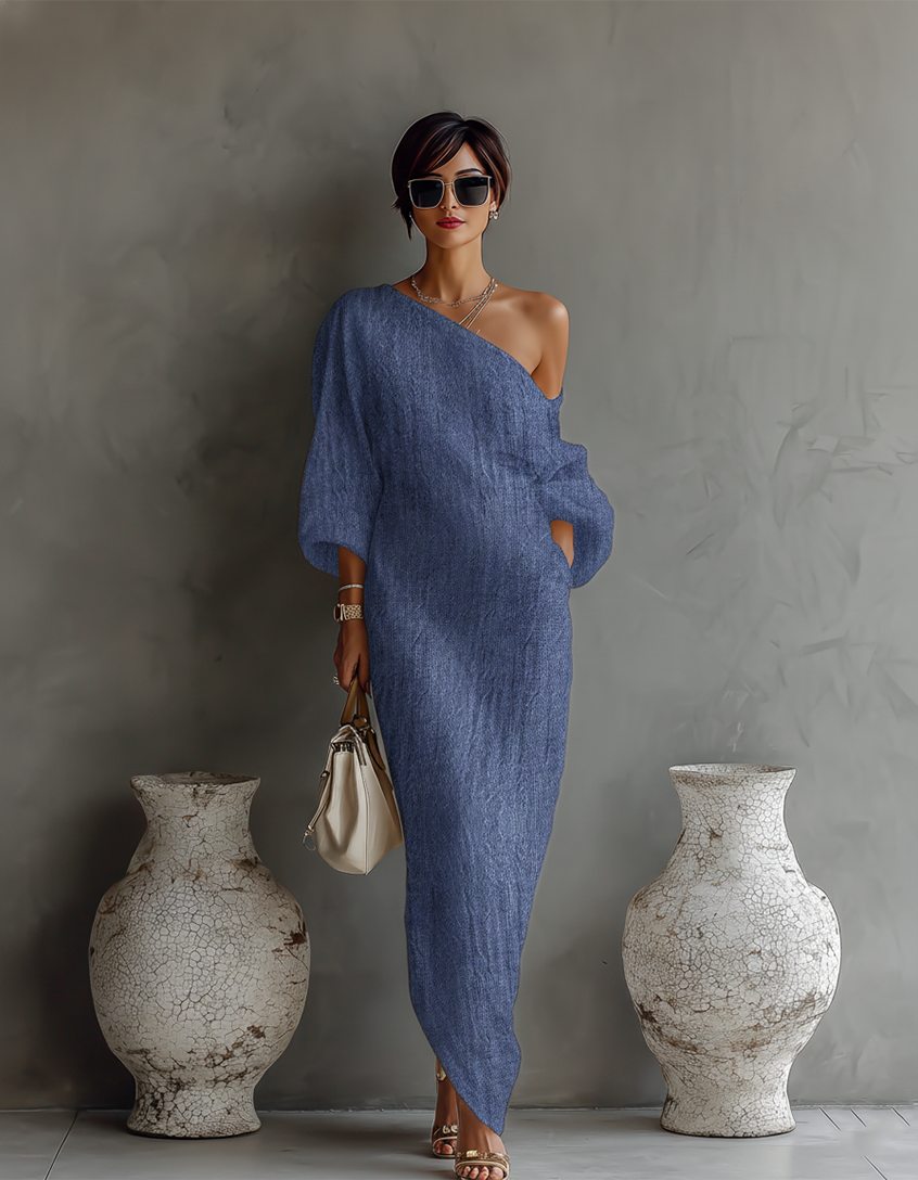 Elegant Flowing Dress in Ivory White with Off-Shoulder