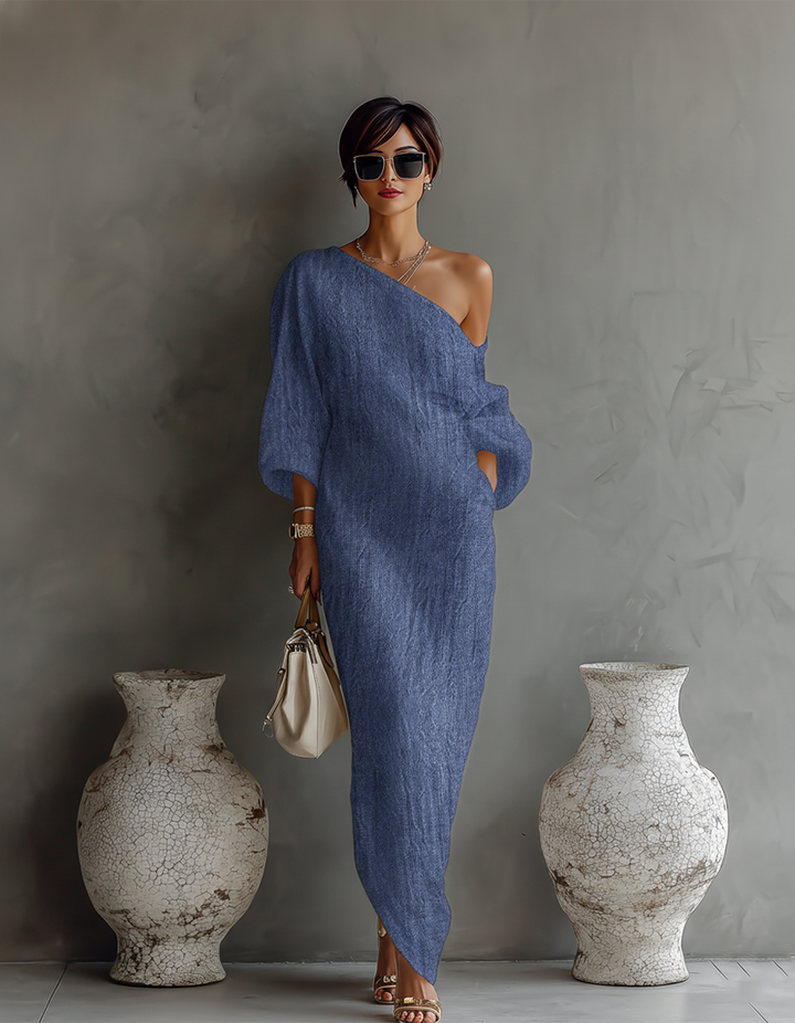 Elegant Flowing Dress in Ivory White with Off-Shoulder