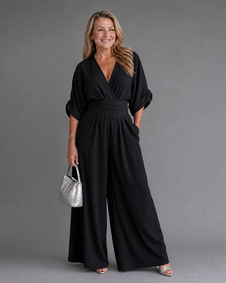 Emene | Draped V Neck Wide Leg Relaxed Jumpsuit