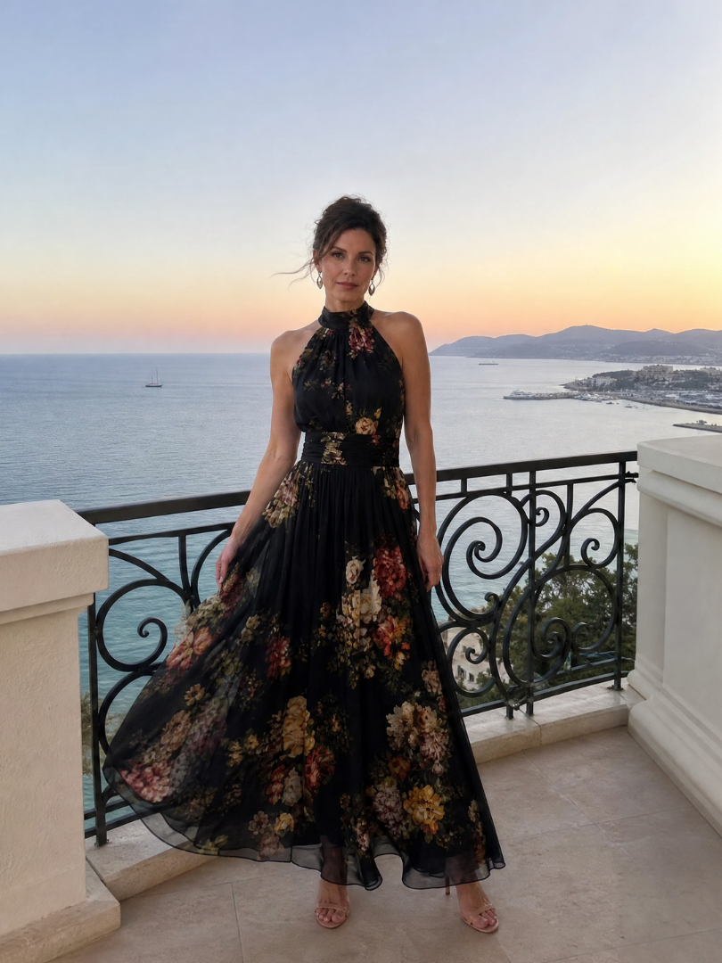 Sienne | Robe Midi Fleurie à Col Licou