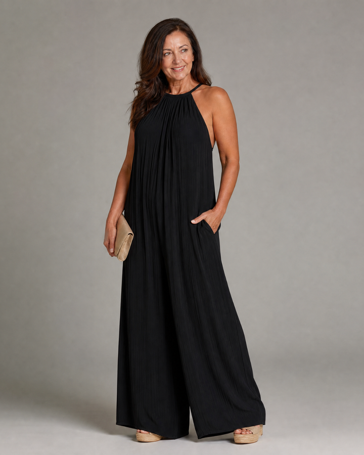 Sylvara | Pleated Halter Neck Wide Leg Relaxed Jumpsuit