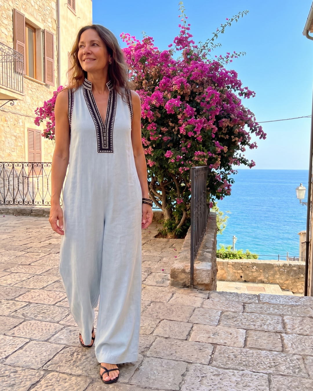 Velmira | Embroidered V Neck Sleeveless Wide Leg Jumpsuit