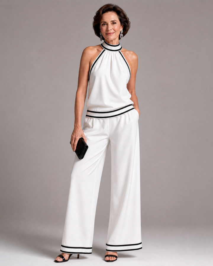 Zephyrine | Contrast Trim Halter Neck Wide Leg Jumpsuit