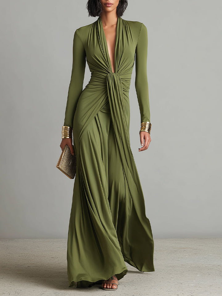 Olive Green Long Dress in Stretch Silk with Deep V-Neck and Ruffled Details, Glamour Maxi Dress