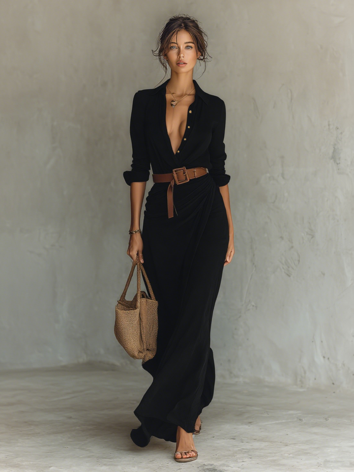 Long Maxi Dress with Notched Collar and Long Sleeves for Women