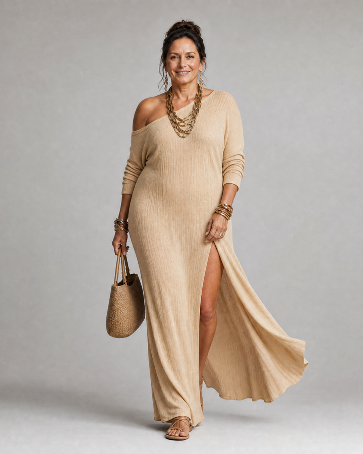 Asterelle | One Shoulder Side Slit Flowing Midi Dress