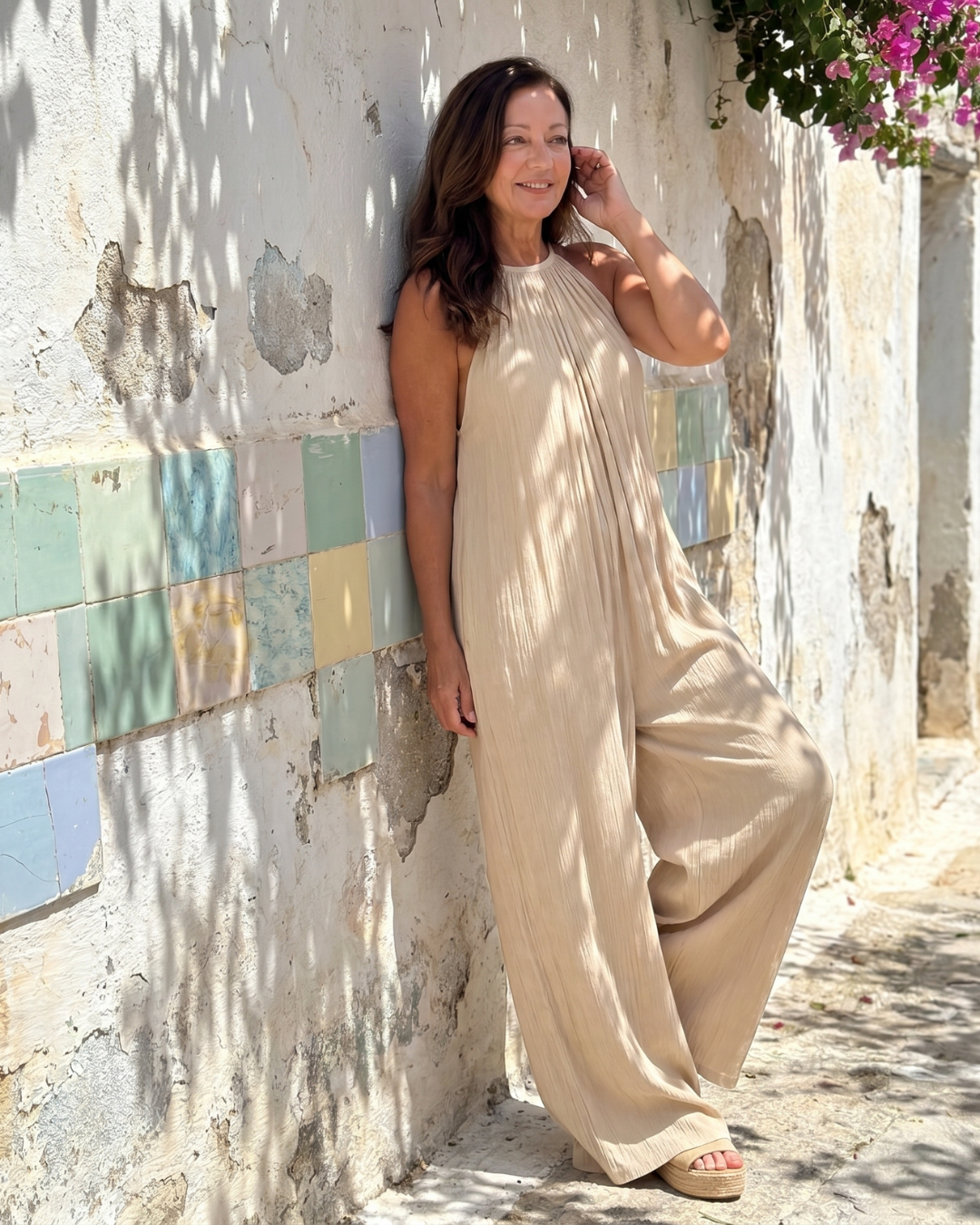 Sylvara | Pleated Halter Neck Wide Leg Relaxed Jumpsuit