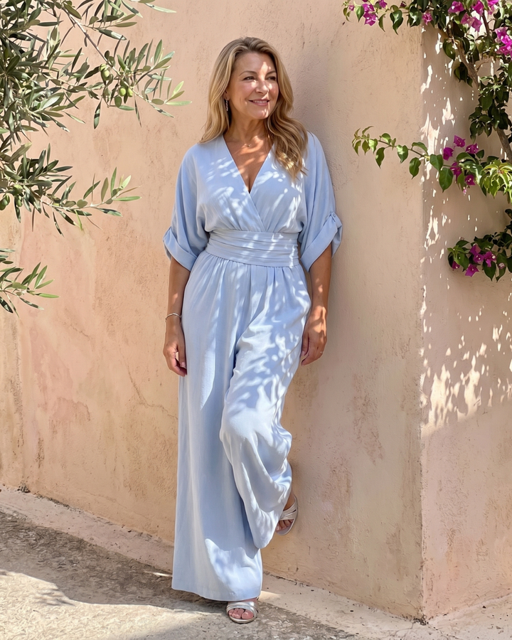 Emene | Draped V Neck Wide Leg Relaxed Jumpsuit