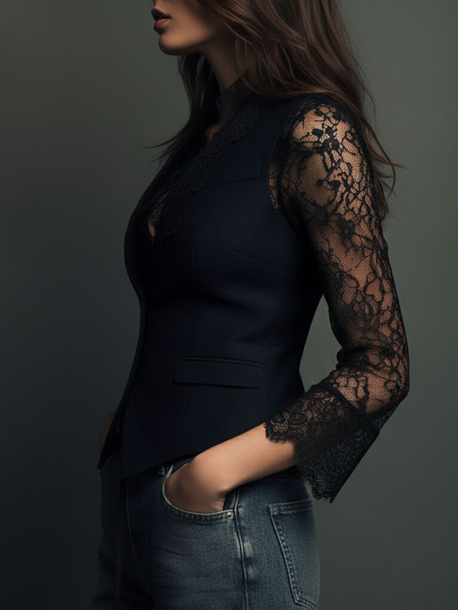 Elegant Black Lace Panel Sleeve Blazer Top