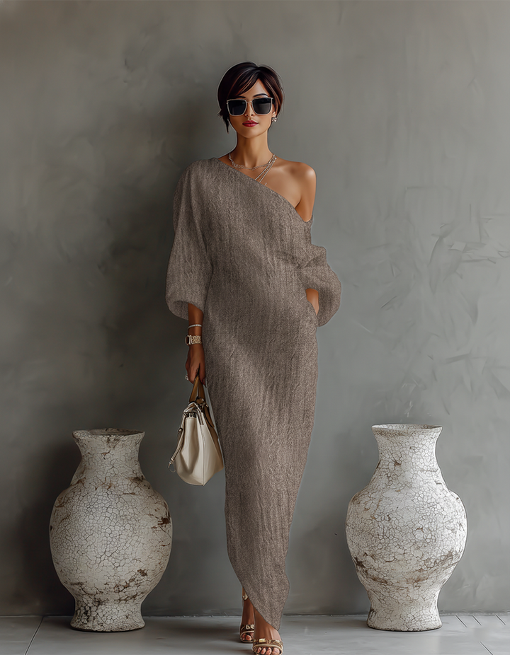 Elegant Flowing Dress in Ivory White with Off-Shoulder