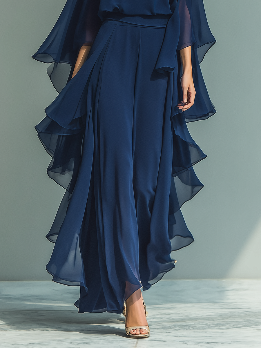 Navy Blue Chiffon Top Set with Flared Sleeves and Straight Leg Pants with Ruché Details