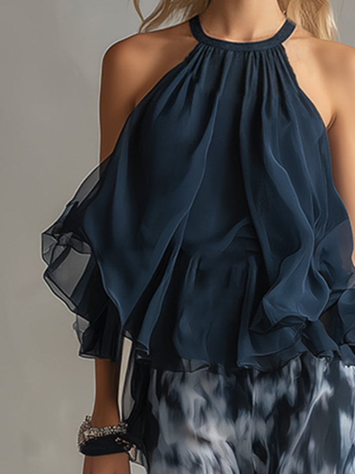 Ludovica – Elegant chiffon set with high-neck top and wide-leg printed trousers • S1