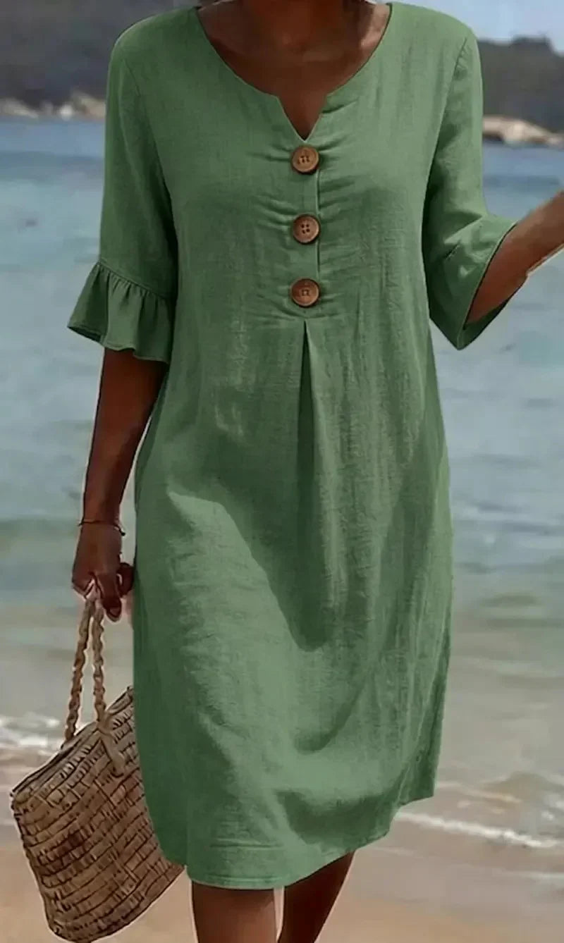 Vanesa™ | Textured Dress with Puff Sleeves and Buttons