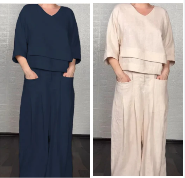 Liza | 2-piece cotton-linen set – V-neck top and wide-leg trousers