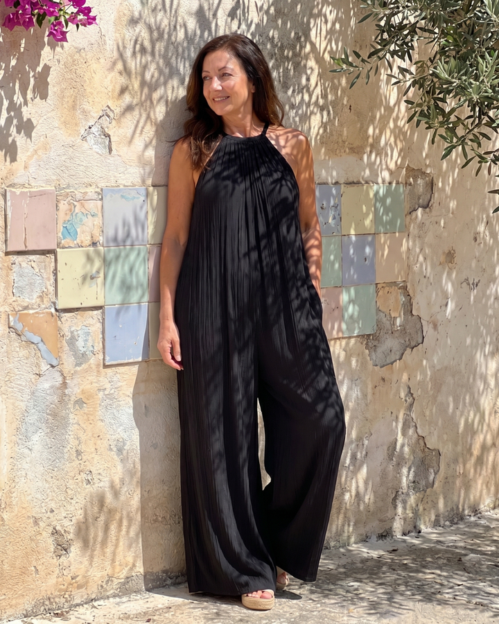 Sylvara | Pleated Halter Neck Wide Leg Relaxed Jumpsuit